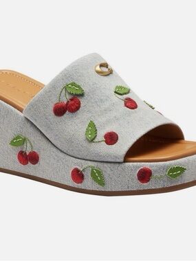 Coach Denim Slide Wedge Mules with Red Cherry Embroidery NWB